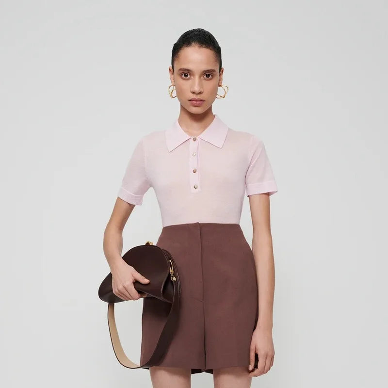 Jenny&Dave 2024 Summer Commuting Versatile Shirt Short POLO Tshirts Knitted Sleeved Top Women 2024 Merino Wool Casual Top