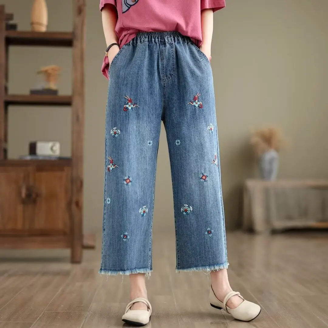 Spring Summer Ethnic Style Vintage Floral Embroidery Denim Wide Leg Pants Women High Elastic Waist Hole Casual Straight Jeans