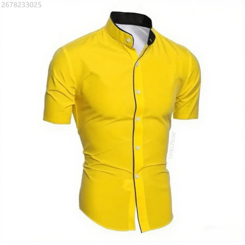 A men's short-sleeve button-up shirt in bright yellow, featuring a mandarin collar with a black inner lining, white buttons, and a thin black piping detail along the placket.