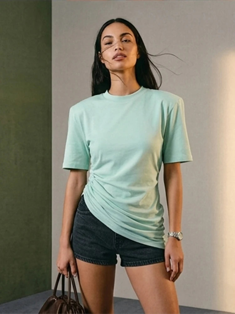 Versatile Regular-shoulder T-shirts Women Casual White Round Neck Irregular Hem Pleated Short Top Summer Lady Street Wear New