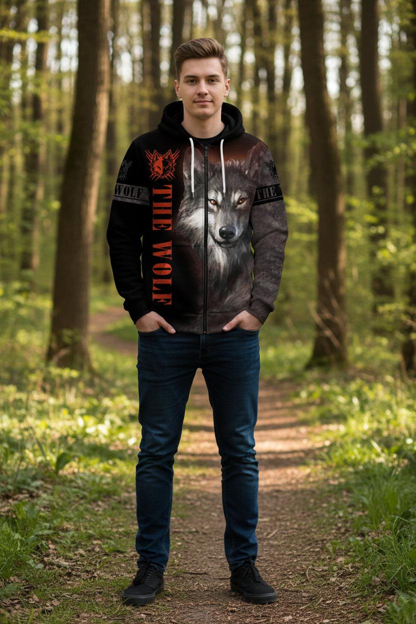 Hoodie with a wolf design and 'The Wolf' text on a white background