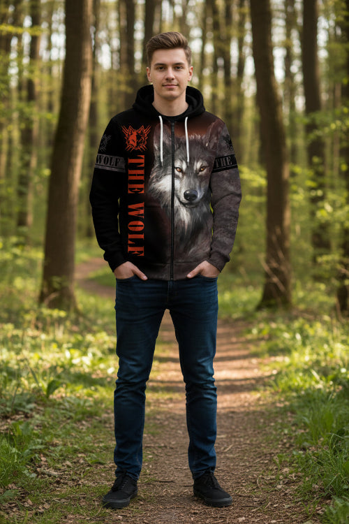 Hoodie with a wolf design and 'The Wolf' text on a white background