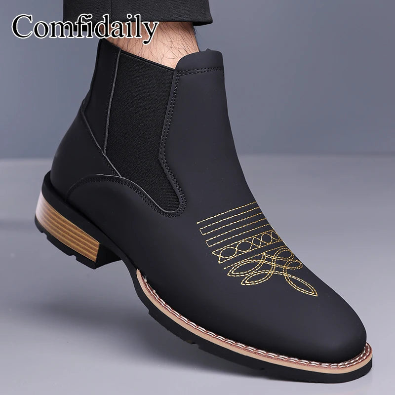 Retro Men Chelsea Boots Classic Brown Embroidery Boots High Quality Business Casual British Style Street Western Ankle Boots