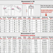 Size chart for sizes S–4XL with shirt and pants measurement diagrams, waist, hip, and pants length measurements in centimeters and inches, plus height and weight recommendations.