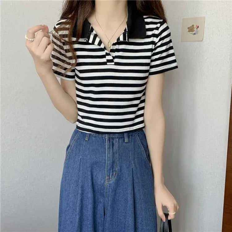 Chic V Neck Short Length Striped Short Sleeve Polo T Shirt For Women Summer 2026 New Niche Top