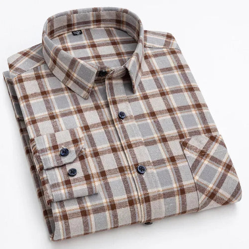 A folded long-sleeve plaid button-up shirt in gray, brown, and beige tones, displayed on a clean white background.