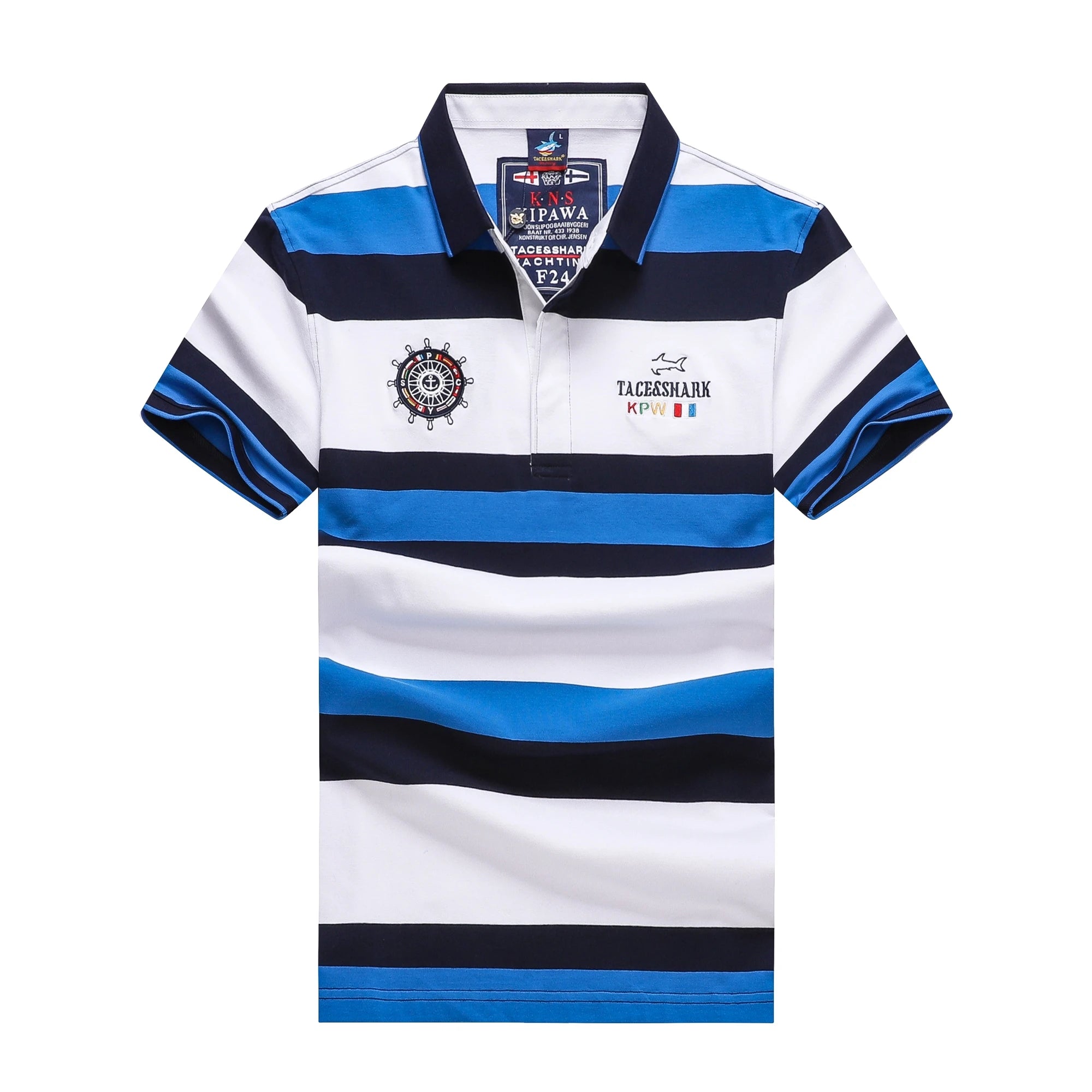 A short-sleeve polo shirt with horizontal stripes in white, navy blue, and bright blue. The shirt features a navy collar, a white embroidered ship's wheel logo on the left chest, and a 'TACKSHARK' brand logo on the right chest.