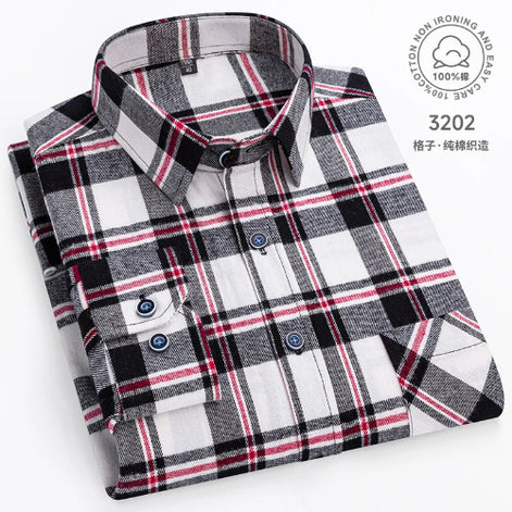 Plaid shirt with black, white, and red pattern on a white background