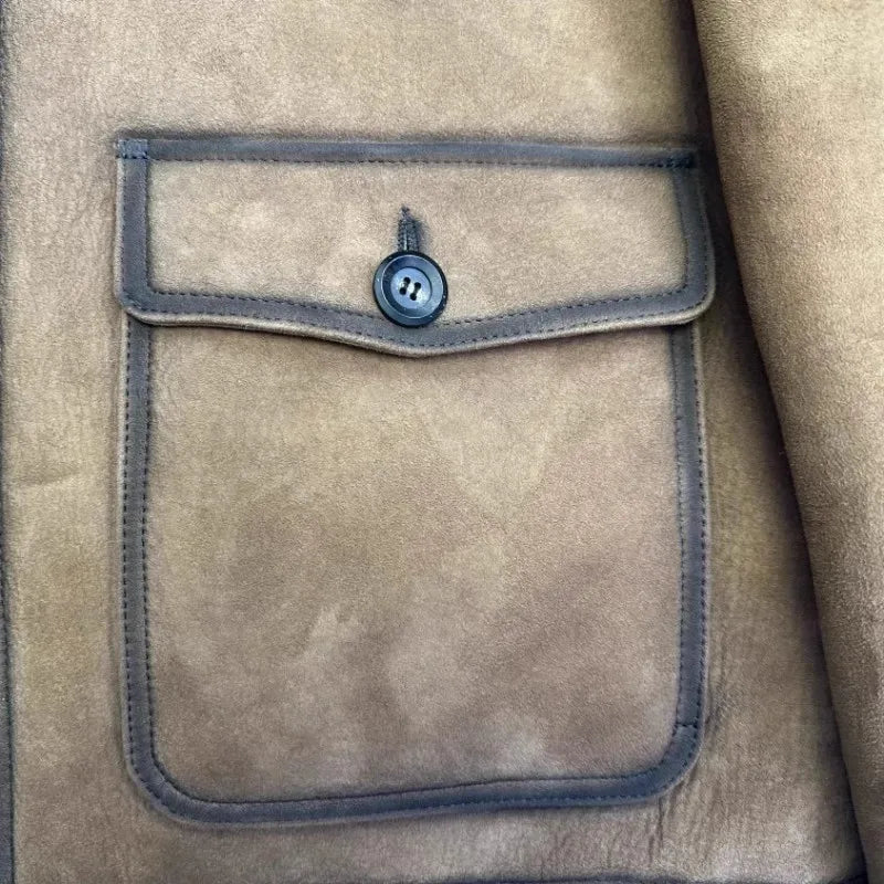 Luxury Genuine Leather Suede Men Jacket Wool Lining Coat Retro Winter Warm Sheepskin Jackets Turndown Collar Real Fur Outerwear