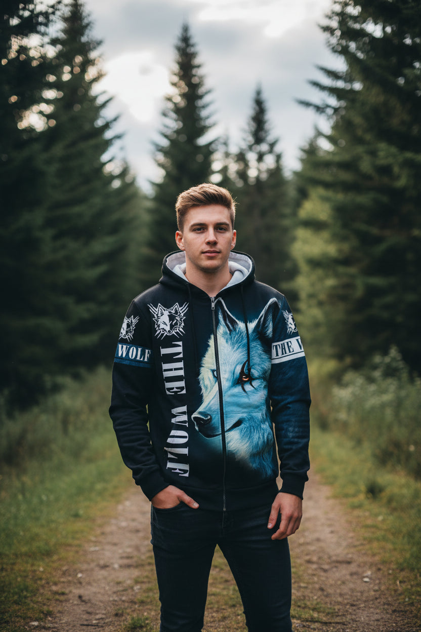 Zip-up hoodie with wolf design and 'The Wolf' branding on a white background