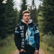 Zip-up hoodie with wolf design and 'The Wolf' branding on a white background
