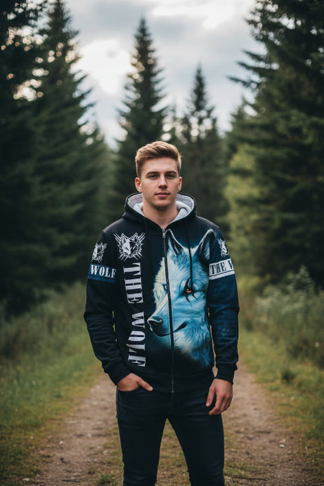 Zip-up hoodie with wolf design and 'The Wolf' branding on a white background