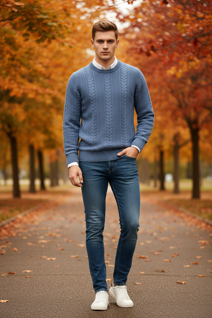 Blue cable knit sweater on a white background