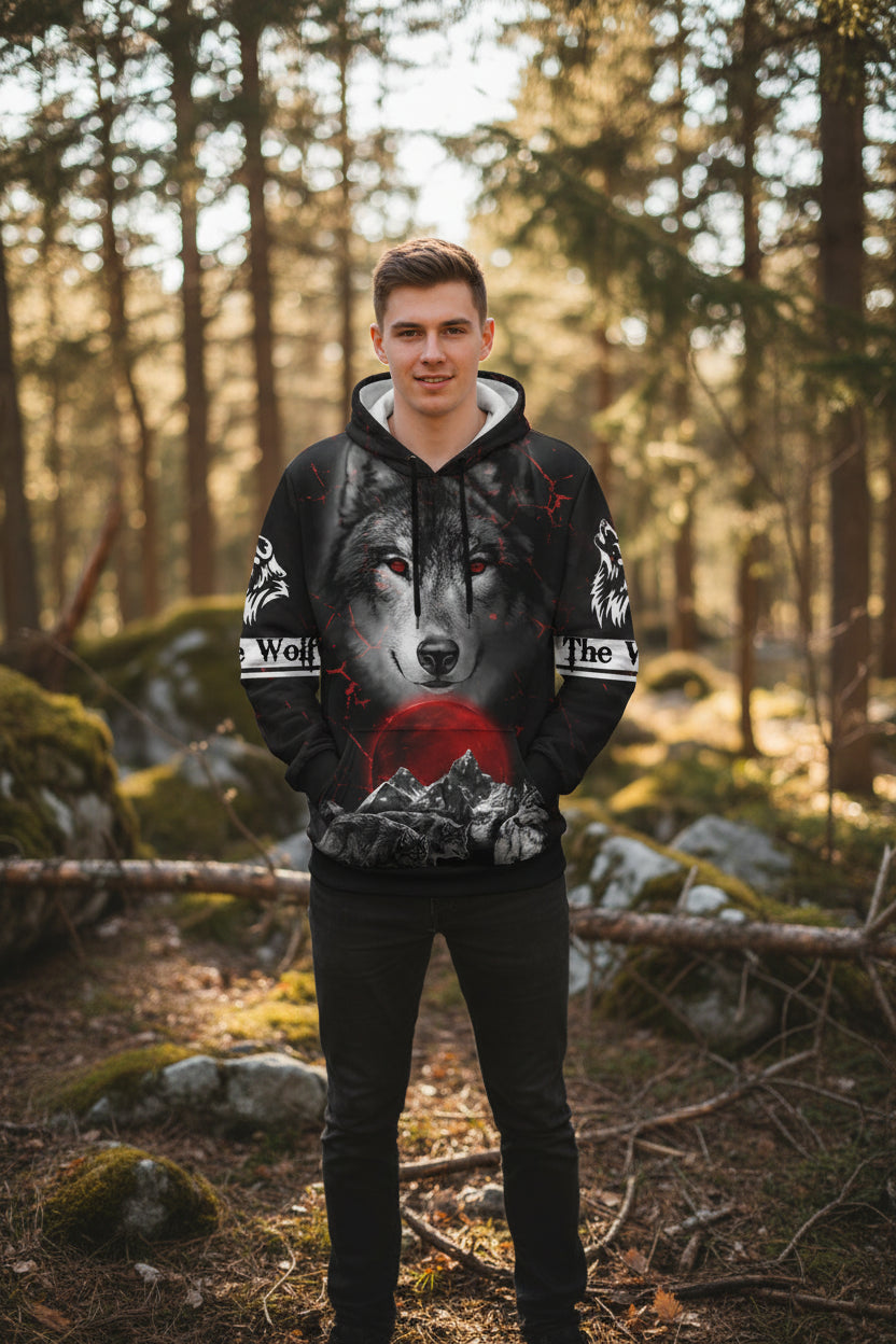 Hoodie with wolf design on a black background