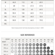A size chart and size reference table for tops, showing measurements in centimeters and weight/height guidance for sizes M through 5XL, with Asian sizing noted at the bottom.