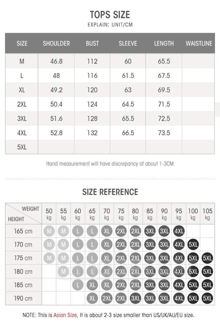 A size chart and size reference table for tops, showing measurements in centimeters and weight/height guidance for sizes M through 5XL, with Asian sizing noted at the bottom.