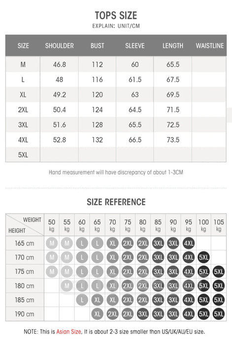 A size chart and size reference table for tops, showing measurements in centimeters and weight/height guidance for sizes M through 5XL, with Asian sizing noted at the bottom.