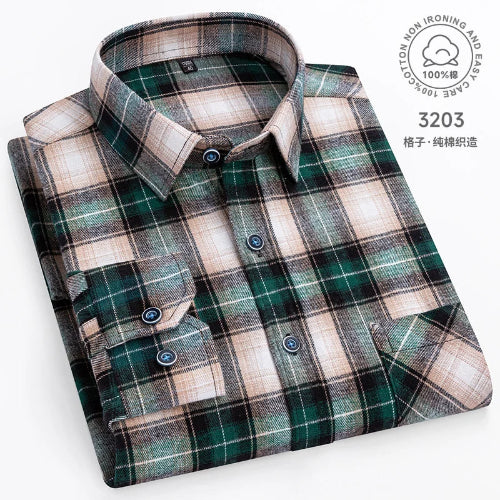 Plaid shirt with green and brown pattern on a white background