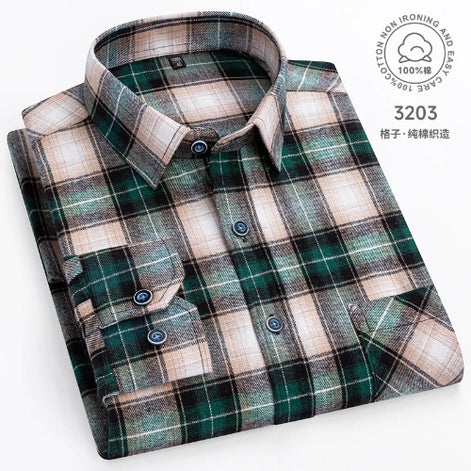 Plaid shirt with green and brown pattern on a white background