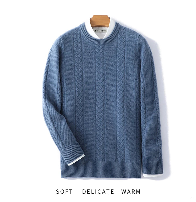 Blue sweater on a wooden hanger with text 'Soft', 'Delicate', 'Warm' below.