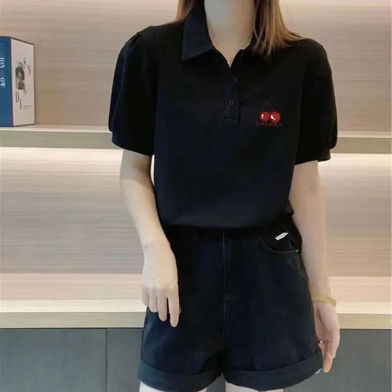 Graphic Women's Polo Female Tee Summer Outfit Harajuku Fashion Y2k Clothes Japanese Vintage Sale Korea Basic Pulovers T-shirts