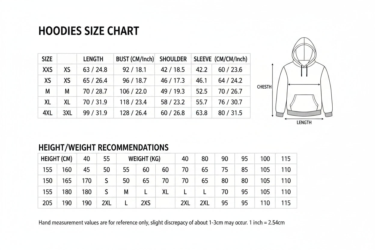 Hoodie size chart with measurements and fabric information