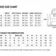 Hoodie size chart with measurements and fabric information