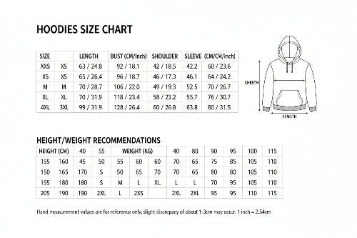 Hoodie size chart with measurements and fabric information