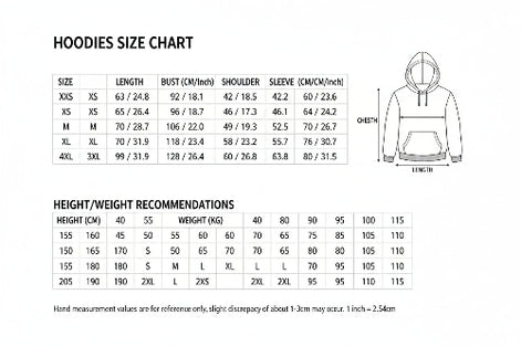 Hoodie size chart with measurements and fabric information