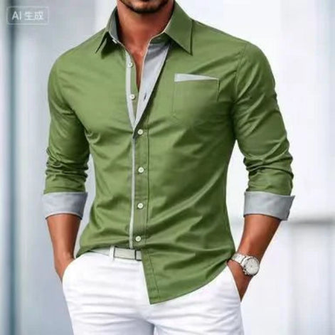 Green shirt with gray trim worn by a person on a blurred background