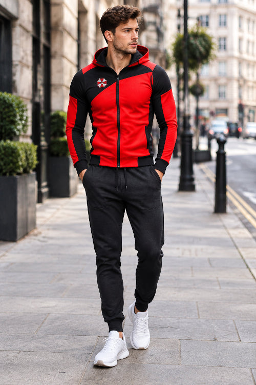 Red and black hoodie with a distinctive design on a white background