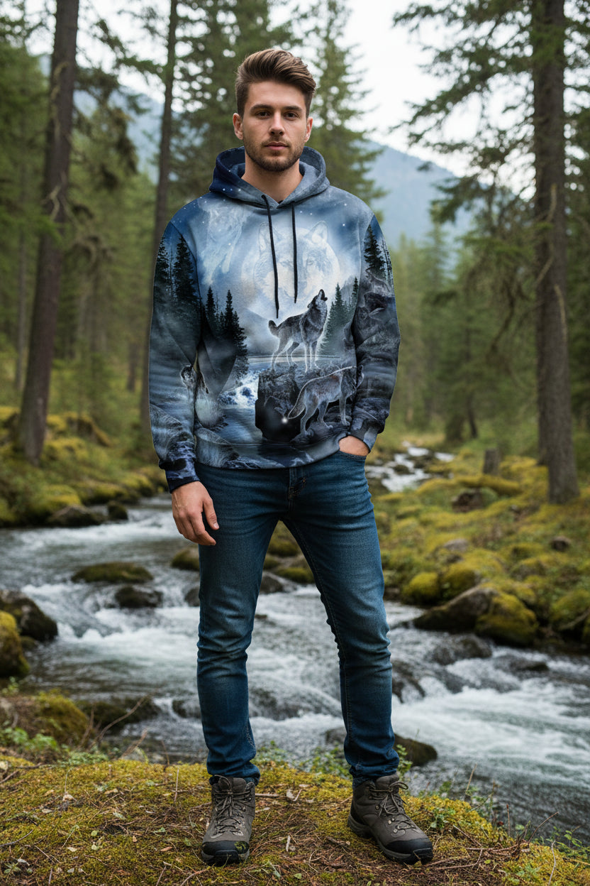 Hoodie with wolf design in a forest and moonlit sky
