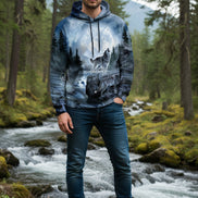 Hoodie with wolf design in a forest and moonlit sky