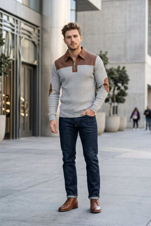 Gray sweater with brown accents on a white background
