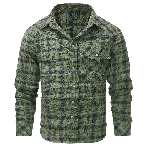 A men's long-sleeve plaid button-up shirt in green and black, featuring a chest pocket and button-down front, shown on a plain white background.