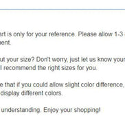 A size chart and measurement guide with the heading 'Warmly Tips:' and three paragraphs of text advising shoppers to allow a 1-3 cm error for hand measurement, to provide height, weight, and bust measurements if unsure of the size, and to note any color difference due to computer display variations.
