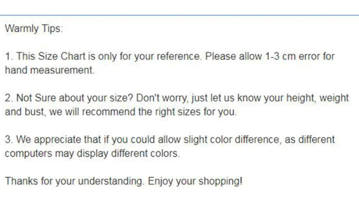 A size chart and measurement guide with the heading 'Warmly Tips:' and three paragraphs of text advising shoppers to allow a 1-3 cm error for hand measurement, to provide height, weight, and bust measurements if unsure of the size, and to note any color difference due to computer display variations.