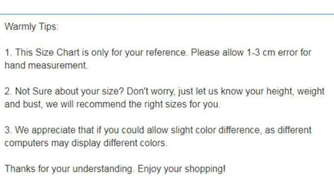 A size chart and measurement guide with the heading 'Warmly Tips:' and three paragraphs of text advising shoppers to allow a 1-3 cm error for hand measurement, to provide height, weight, and bust measurements if unsure of the size, and to note any color difference due to computer display variations.