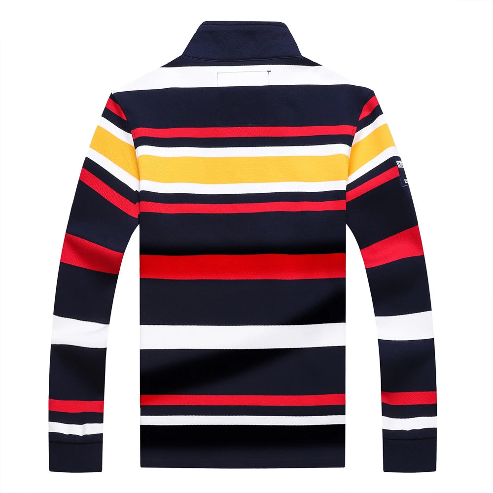 TACE&SHARK Brand Men‘s Casual Long Sleeve Striped Polo Shirt Cotton Blend Knitted Top Fashion Business Embroidery