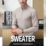 Man wearing a gray sweater with text about the sweater's features.