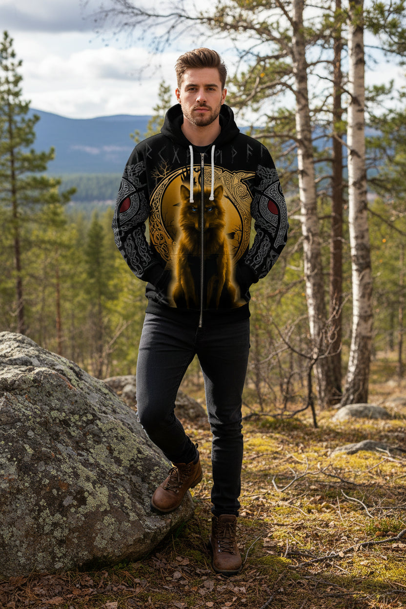Hoodie with a wolf design and Runes on a black background