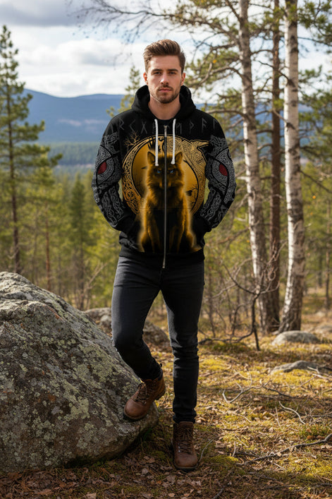 Hoodie with a wolf design and Runes on a black background