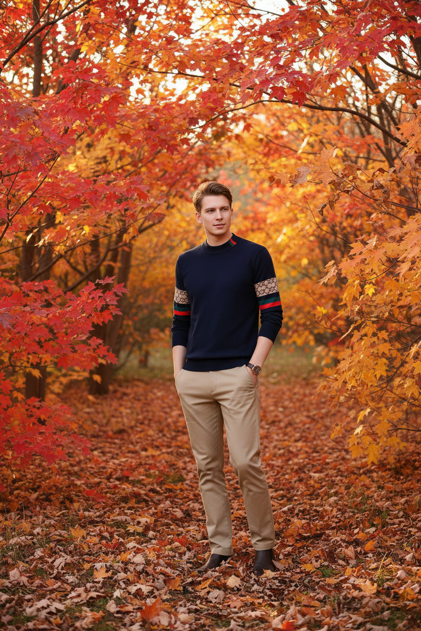 Navy blue sweater with patterned sleeves on a gray background