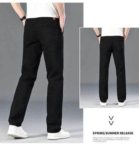 Black straight-leg jeans shown on a model from the back, with a main large view and a smaller inset view. The model is wearing a white t-shirt and white sneakers 