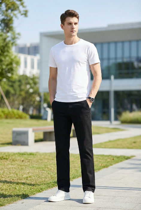 Black straight-leg jeans shown on a model from the back, with a main large view and a smaller inset view. 