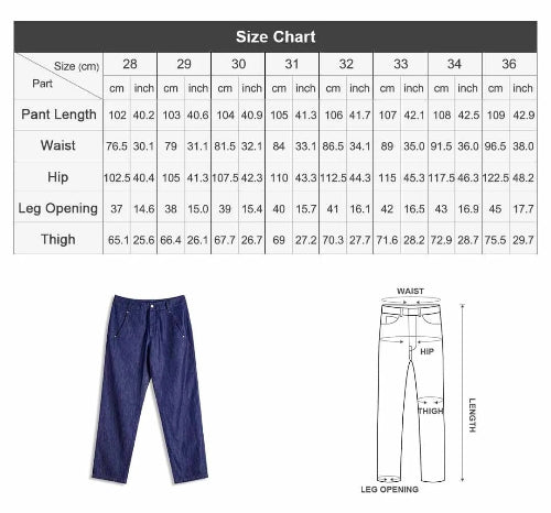 Size chart for pants with a blue pants illustration and measurements.