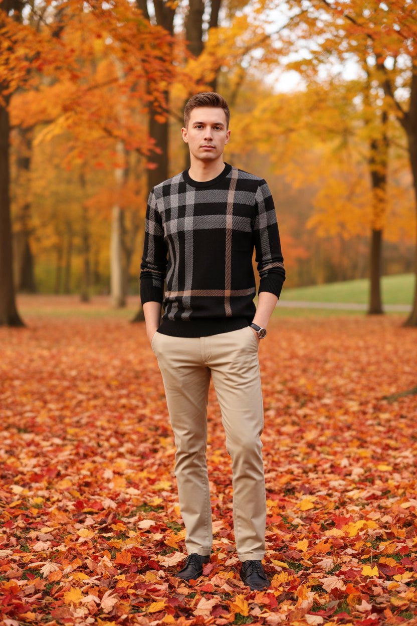Person wearing a black and gray plaid sweater on a gray background