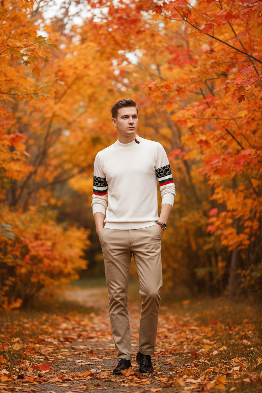 White sweater with patterned sleeves on a dark background