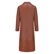 A long brown faux-leather coat shown from the back, featuring a smooth texture, notched lapels, and a central seam down 