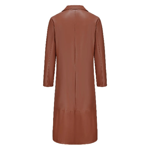A long brown faux-leather coat shown from the back, featuring a smooth texture, notched lapels, and a central seam down 